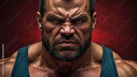 Angry Strong Man Face Portrait Studio Red Background Bodybuilder Look