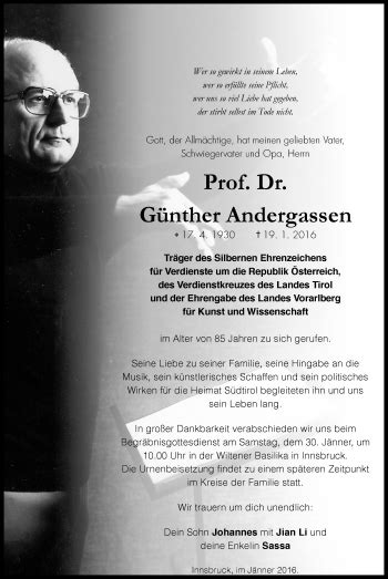 Traueranzeigen von Günther Andergassen Trauer bz