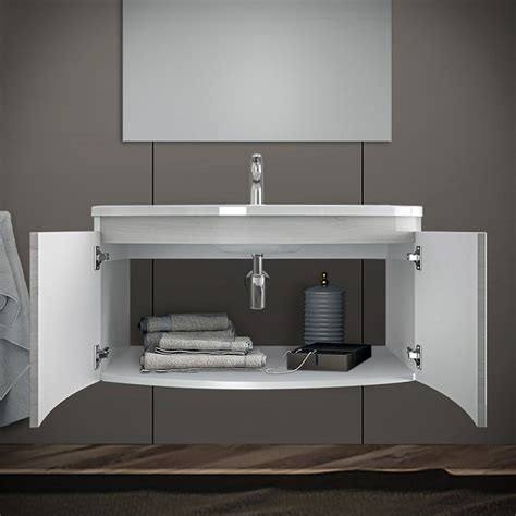 Mobile Bagno Sospeso Curvo 80 Cm Rovere Nordico Con Lavabo E Specchio