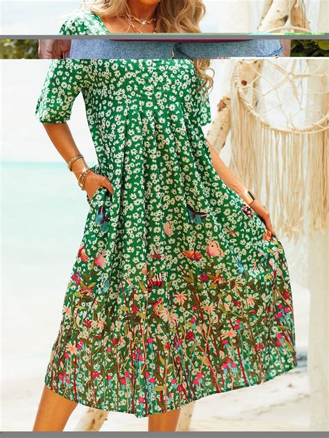 Plus Size Vintage Boho Short Sleeve Shift Floral Casual Weaving Dress