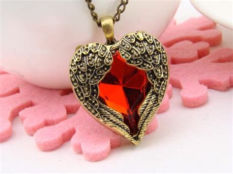 Vintage Red Rhinestone Heart Angel Wing Pendant Necklace On Luulla