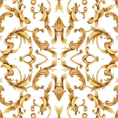 Watercolor Golden Baroque Seamless Pattern Rococo Ornament Texture