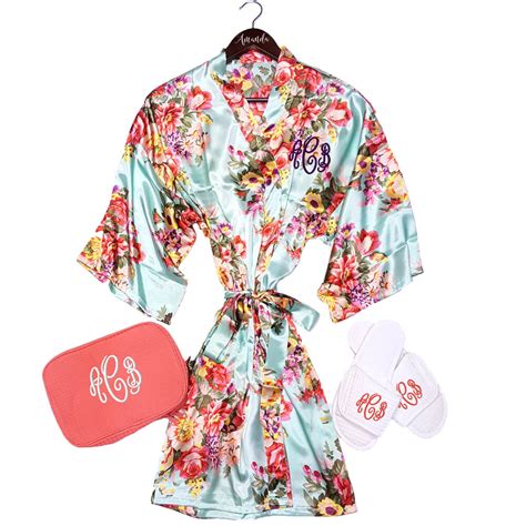 Monogrammed Floral Satin Robe Set Personalized Brides