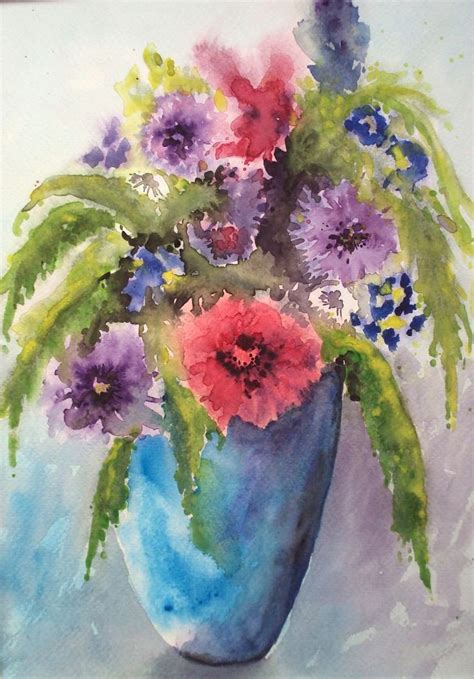 Bees Around Vase Of Summer Flowers 2022 Watercolour By Teresa Tanner