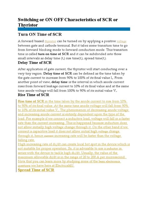 Switching or ON OFF Characteristics of SCR or Thyristor | PDF | P–N Junction | Anode
