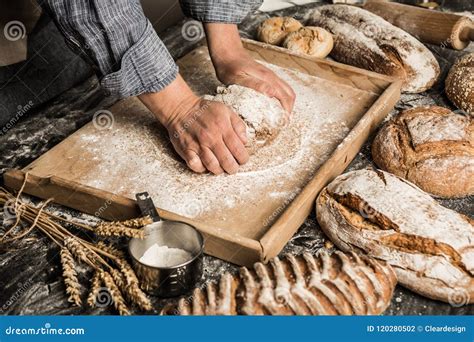 Bakery Baker S Hands Kneading Raw Dough Making Bread Stock Photo