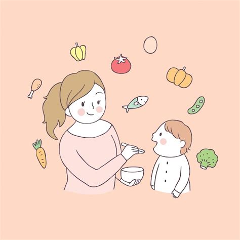 Maman Dessin Animé Et Bébé Mangeant Des Aliments Vecteur Vecteur Premium