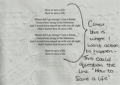 A2 Portfolio By Sian Ryley 2219: How To Save A Life Lyrics