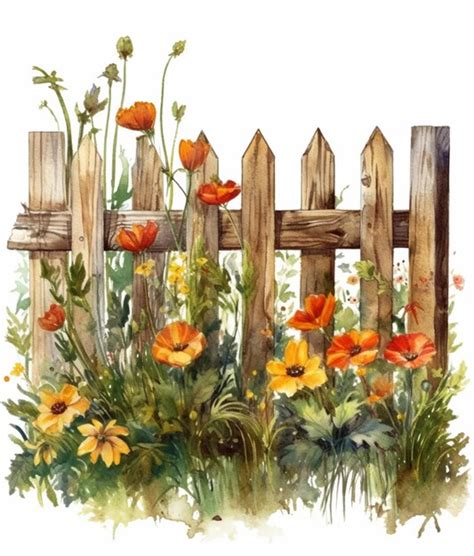 Premium AI Image | Painting of a fence with flowers and grass in front ...