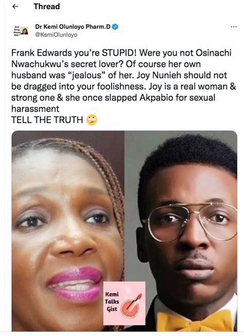 Kemi Olunloyo Under Fire For Accusing Frank Edwards Of Dating Late Osinachi