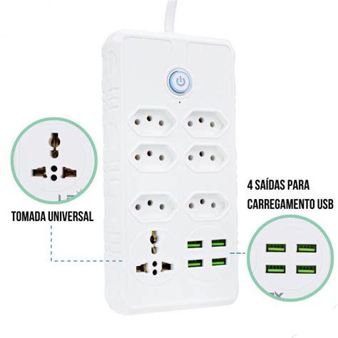 Régua Filtro de Linha 7 Tomadas Extensão Elétrica 1 Universal 4 USB