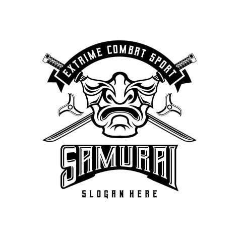 Mask Of Samurai Warrior Logo Helmet In Vintage Style Black And White