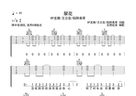 Dp龙猪 王云宏 陷阱表哥《翠花》吉他谱 G调弹唱六线谱 琴魂网