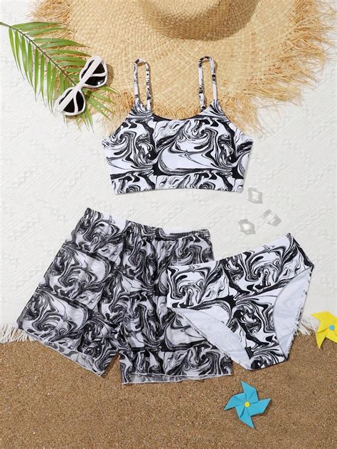 Tween Girl Random Print Bikini Set With Beach Shorts Summer Beach SHEIN EUR