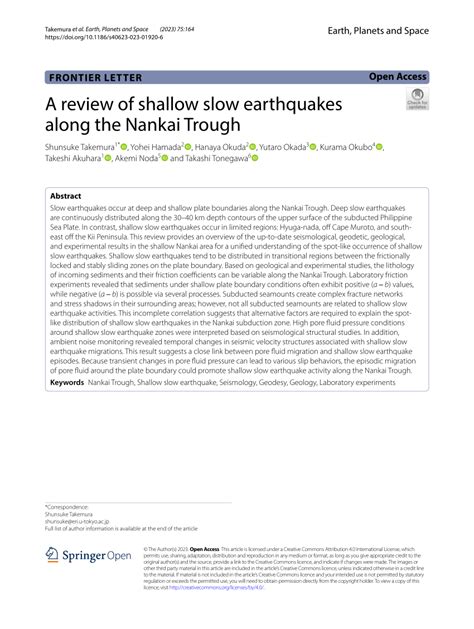 PDF A Review Of Shallow Slow Earthquakes Along The Nankai Trough