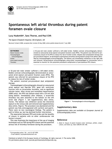 Pdf Spontaneous Left Atrial Thrombus During Patent Foramen Ovale Closure