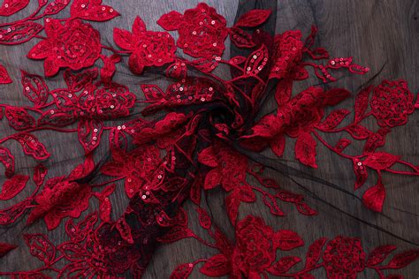 Red Wedding Dress Lace Fabric With Sequins And Flowers New Etsy