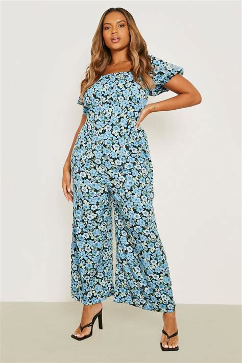 Women S Plus Floral Puff Sleeve Culotte Jumpsuit Boohoo Uk