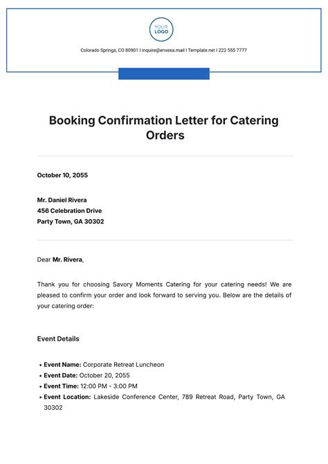 Free Booking Confirmation Letter for Catering Orders Template to Edit