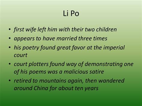 Li Po. Li Po about AD native of Sezchaun, China still in his teens ...
