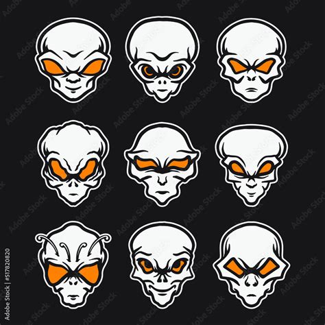 Set of alien head drawing illustration. Stock Vector | Adobe Stock