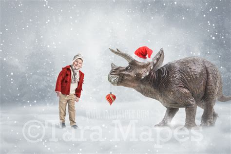 Christmas Dinosaur Digital Backdrop - Dino with Ornament - Snowy Scene ...