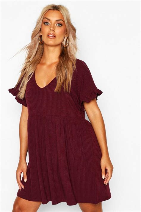 Plus Soft Rib Ruffle Smock Dress Boohoo Usa