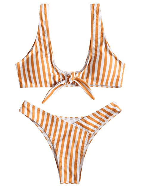 Front Knot Striped Bikini Set Black Golden Brown Pink And White