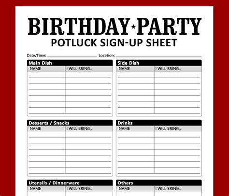 Birthday Potluck Sign up Sheet Printable Template, Brunch Dinner Party Food Signup, Family ...