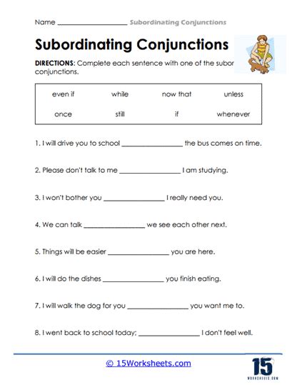 Subordinating Conjunctions Worksheets 15 Worksheets