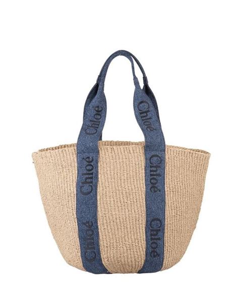 Buy Chloé Woody Large Basket Bag In Raffia With Denim Ribbons Blue At