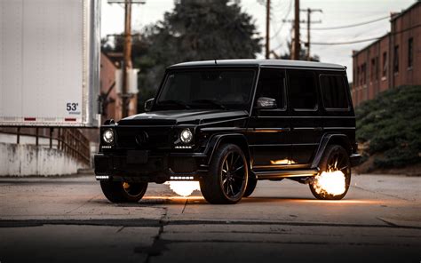 Mercedes Benz G63 Amg 2018 Front View Tuning Fire From Exhaust Pipes New Black G63 German