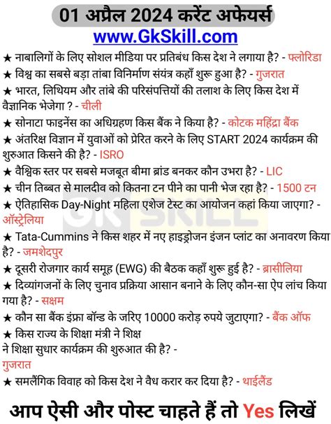 1 April 2024 Current Affairs In Hindi Gk Skill