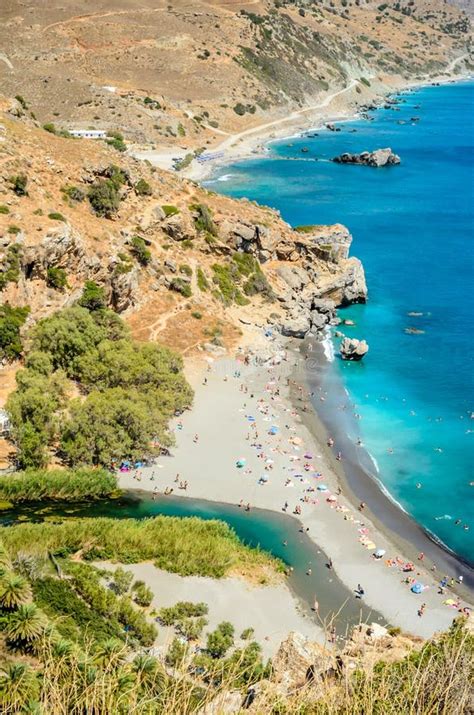 Panoramic View Of Preveli Beach And Palm Tree Forest Crete Greece