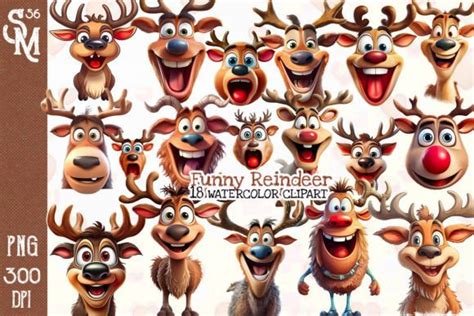 Funny Reindeer Collection Clipart Png Graphic By Stevenmunoz