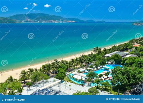 Aerial View At Tropical Resort On The Beach With Blue Water And Island