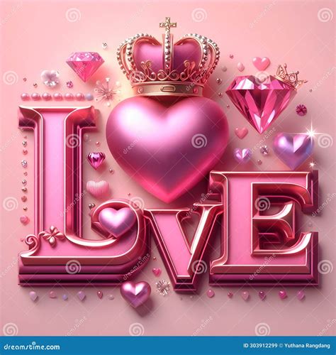 Love Text In Elegant Pink Typography With A Metallic Pink Heart With