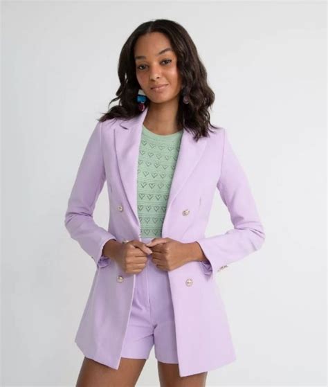 Casaco Blazer Alfaiataria Alongado Es Dourados Roxo Outerwear