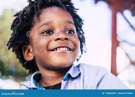 Big Real Smile From Young Happy Black Afro Boy Playful Kids Have Fun