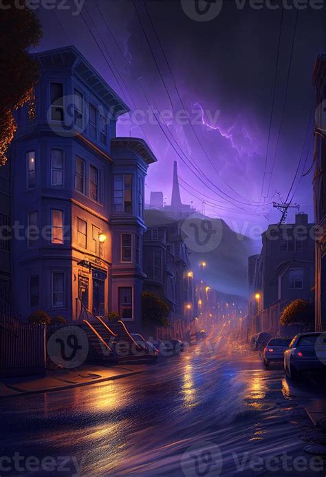 painting of a city street at night. 22866717 Stock Photo at Vecteezy