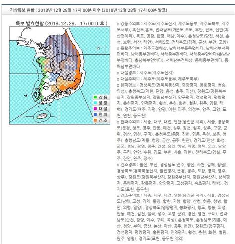 기상특보 현황 2018년 12월 28일 17시 00분 이후 2018년 12월 28일 17시 00분 발표 인스티즈