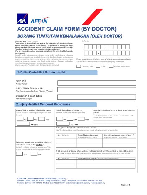 Fillable Online Personal Accident Claim Form Zurich Malaysia Fax