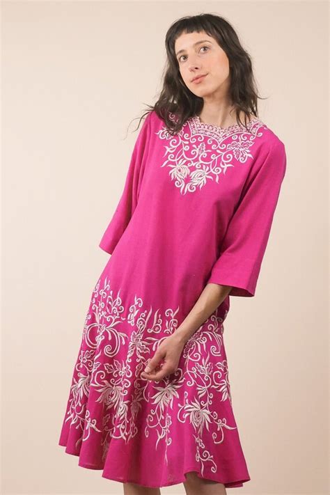 70s Flapper Style Drop Waist Dress Hot Pink Butto Gem