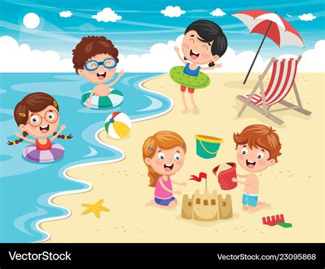 Of kids playing at beach and se Royalty Free Vector Image