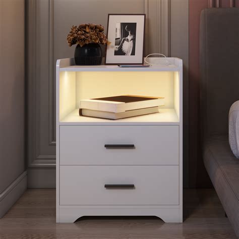 LVSOMT White Nightstand With Charging Station And Led Nightstand