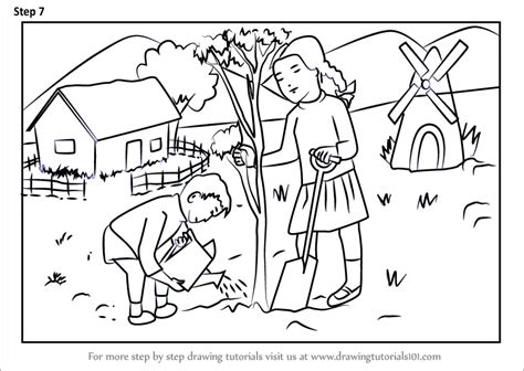 Learn How To Draw Kids Planting Tree Scenery Scenes Step By Step