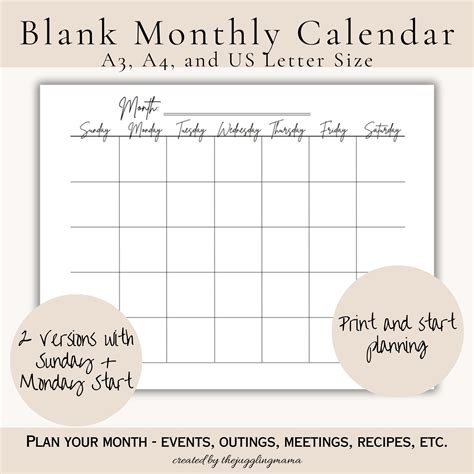 Printable Blank Monthly Calendar Landscape Template Monthly Etsy