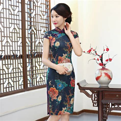 Dark Blue Classic Mandarin Collar Slim Qipao Satin Female Floral