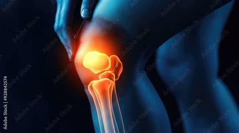 Knee joint pain: Glowing depiction of a knee joint highlighting areas of pain, symbolizing ...