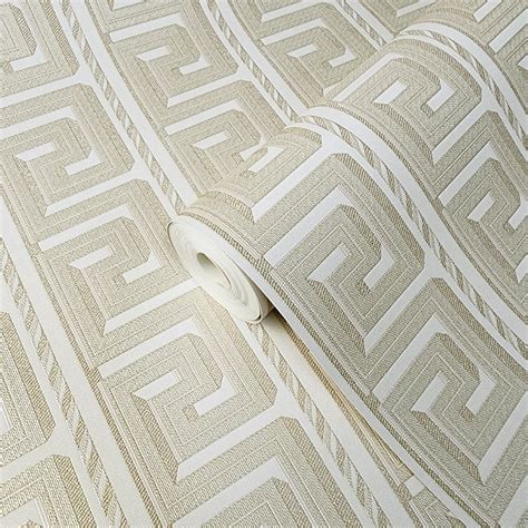 M5277b M5277 Striped Greek Key Beige Tan Faux Fabric Textured Wallpap